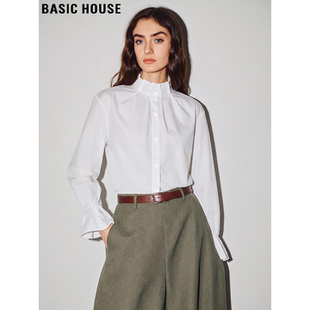 新款 Basic 女2026春季 百家好白色立领衬衫 设计感木耳边上衣 House