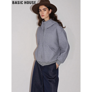 Basic House/百家好灰色加绒连帽卫衣外套女冬季慵懒拉链开衫上衣