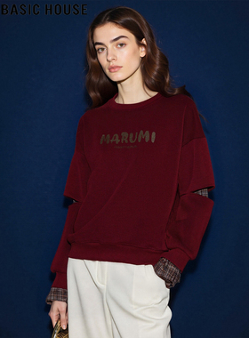 Basic House/百家好设计感拼接红色圆领卫衣女2025秋冬季印花外套