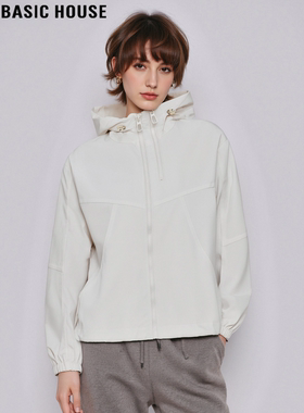 Basic House/百家好白色连帽工装外套女2025冬季宽松加厚保暖棉服