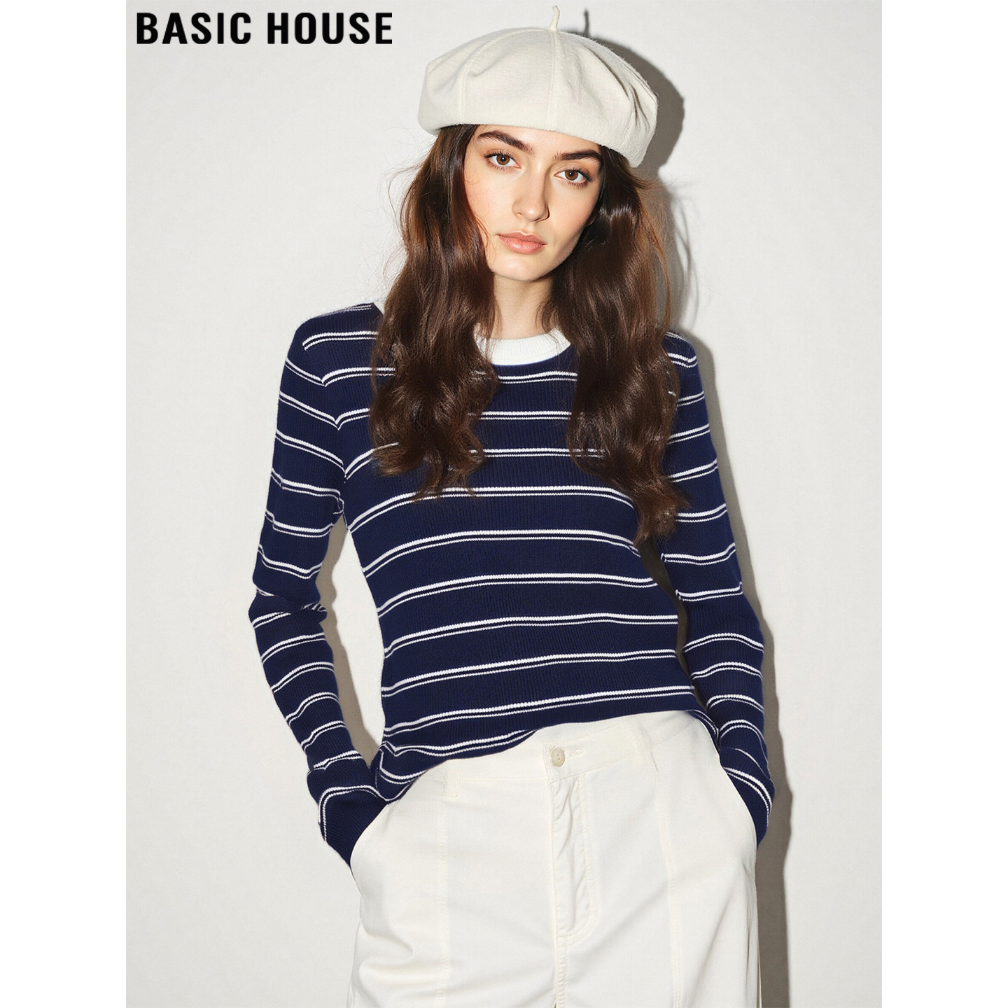 百家好藏青色条纹针织衫女含羊毛