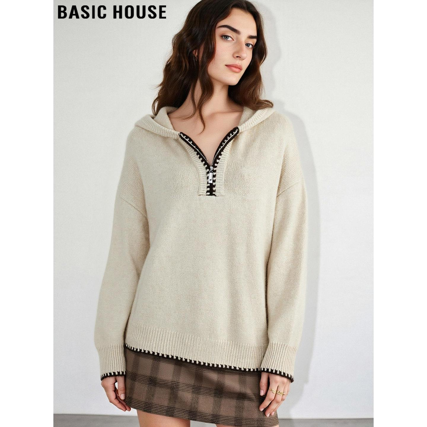 Basic House/百家好米色半拉链连帽羊绒衫女冬设计感软糯羊毛毛衣,女装/女士精品,羊绒衫,淘宝优惠券,粉丝福利购,淘宝优惠卷