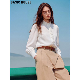 新款 Basic 女士2026春季 百家好白色木耳边雪纺衬衫 立领衬衣 House