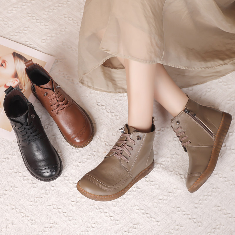 真皮软底妈妈鞋秋冬款短靴女休闲皮鞋中老年鞋子加绒棉鞋女士单靴