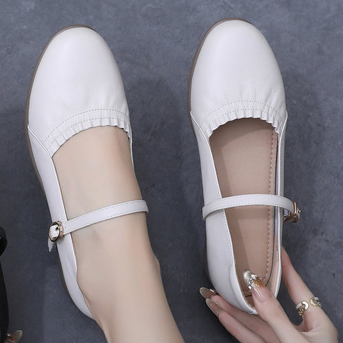 真皮单鞋女2025春夏新款软底平底玛丽珍女鞋大码浅口一字带小皮鞋