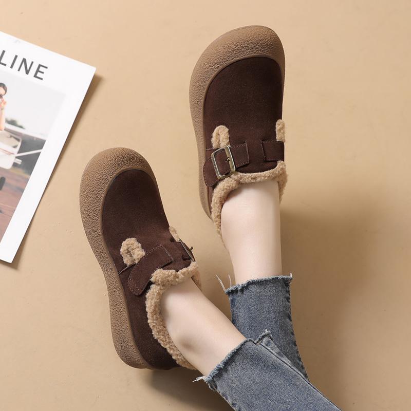 加绒女鞋真皮勃肯鞋女2025新款冬季雪地靴厚底大头皮鞋一脚蹬棉鞋