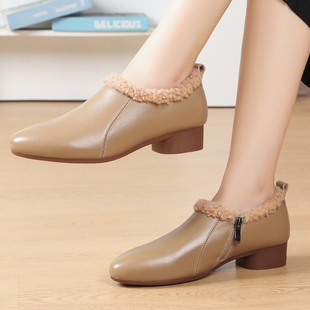 加绒小皮鞋女冬季女鞋真皮软底妈妈鞋尖头毛毛鞋雪地鞋子外穿棉鞋