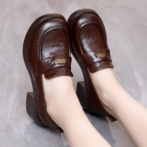 真皮乐福鞋女厚底单鞋一脚蹬女鞋子2025秋新款复古中跟英伦小皮鞋