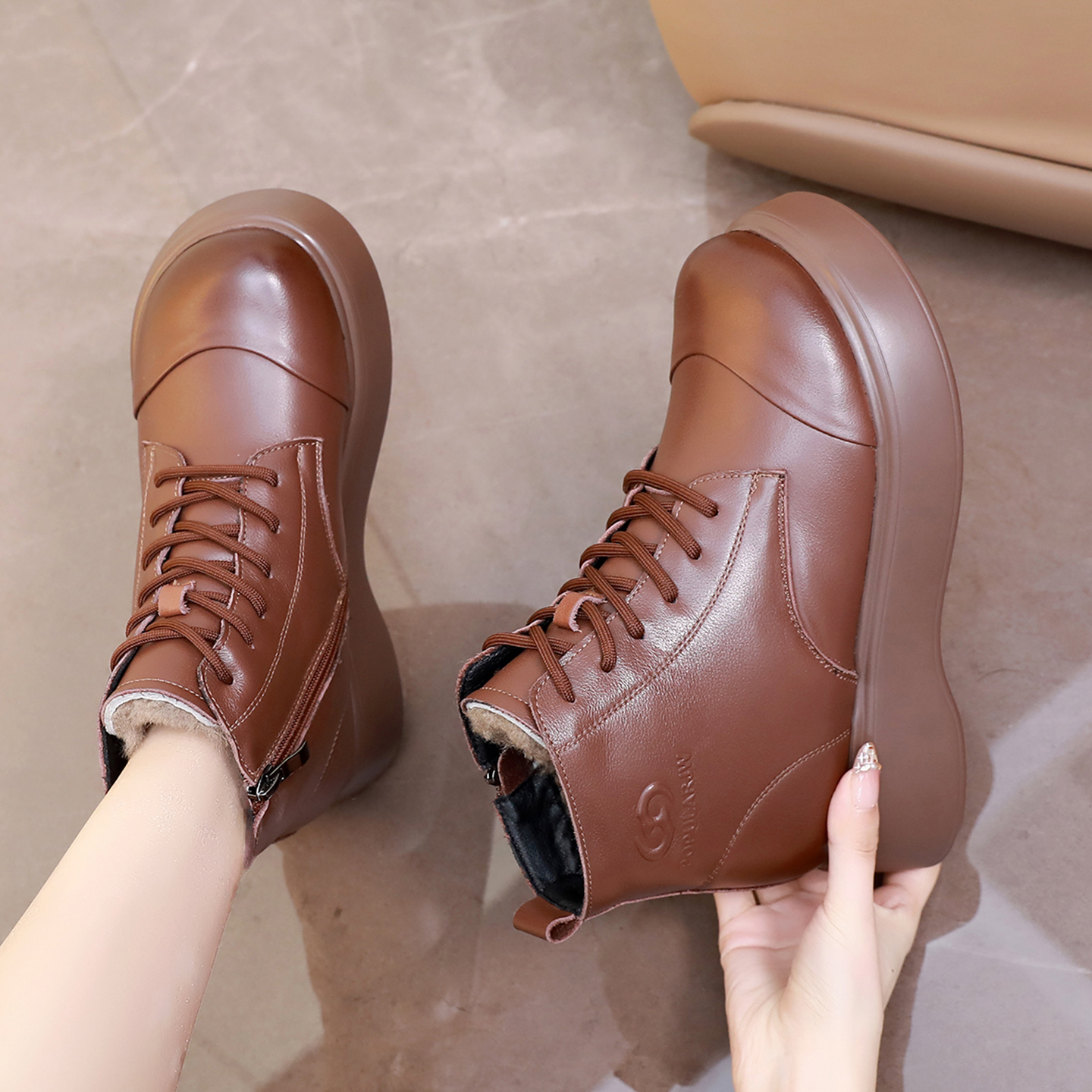 真皮厚底马丁靴女短靴保暖加绒