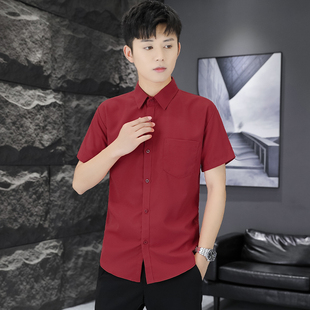 夏季薄款方领休闲红色结婚上衣本命年带口袋衬衫纯色男士短袖衬衣