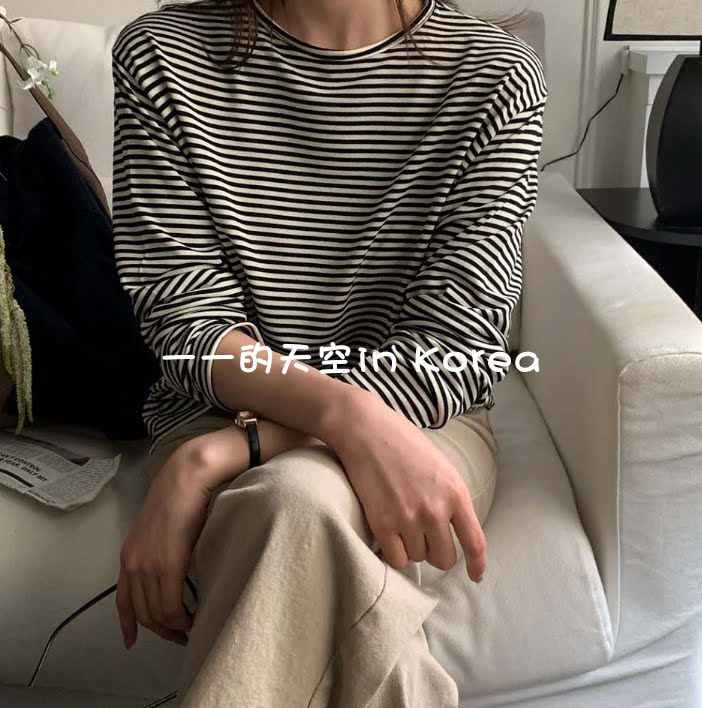 条纹控bi入 韩国代购2026秋季新款经典百搭气质圆领宽松长袖t恤女
