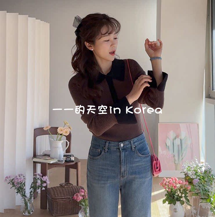 气质翻领毛衣 韩国代购2026春季女装新款洋气配色修身长袖针织衫