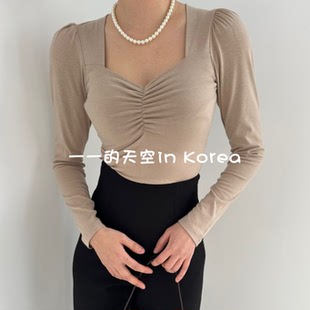 韩国代购上衣2025春季女装新款轻熟风性感心形v领修身泡泡长袖t恤