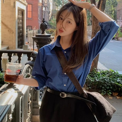 mocobling韩国代购衬衣2023秋季女装复古风基础百搭纯棉长袖衬衫