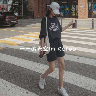 韩国代购套装2025夏季新款学院风字母宽松长袖上衣加短裤两件套女