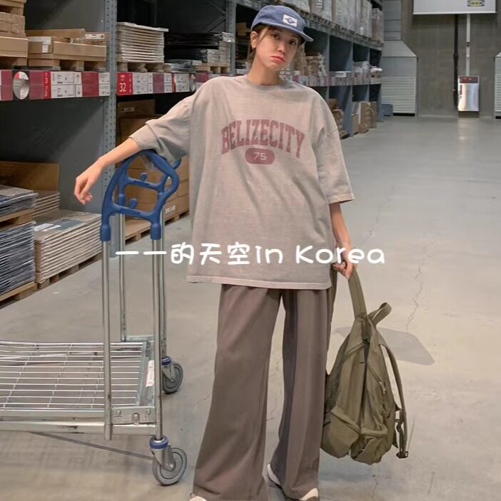 欧美复古风tee韩国代购正品2025春季女装新款帅气宽松字母短袖t恤