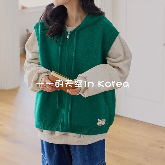连帽针织马甲 韩国代购2025秋季女装新款休闲减龄宽松连帽针织衫