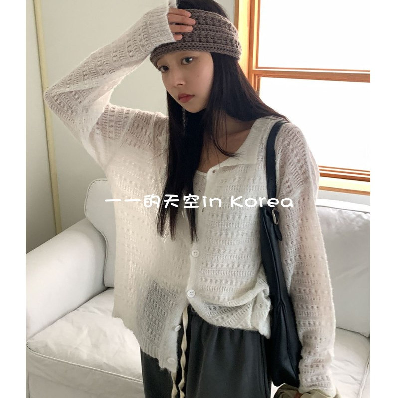 慵懒温柔风开衫韩国代购2025秋季女装新款镂空翻领宽松系扣针织衫