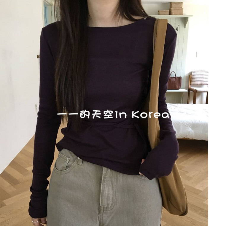 韩国代购上衣2025秋季女装新款温柔系带修身简约舒适纯色长袖t恤