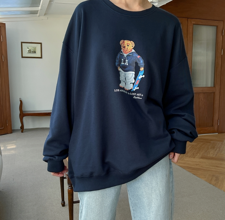 现 韩国代购春女装 可爱卡通小熊印花休闲运动衫宽松长袖t恤