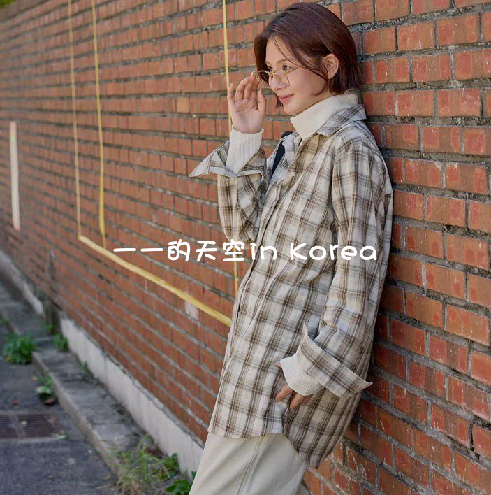 松弛感格子衬衣韩国代购正品2026秋季女装新款宽松单排扣翻领衬衫