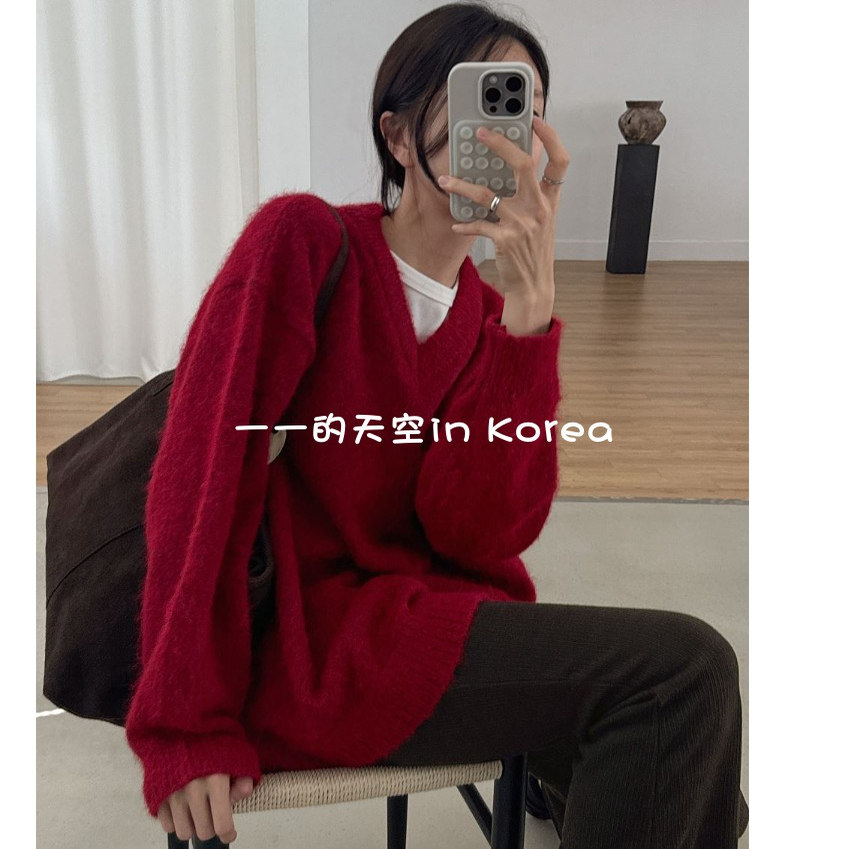 柔软蓬松毛衣 韩国代购东大门2025冬女装中长款v领宽松羊毛针织衫