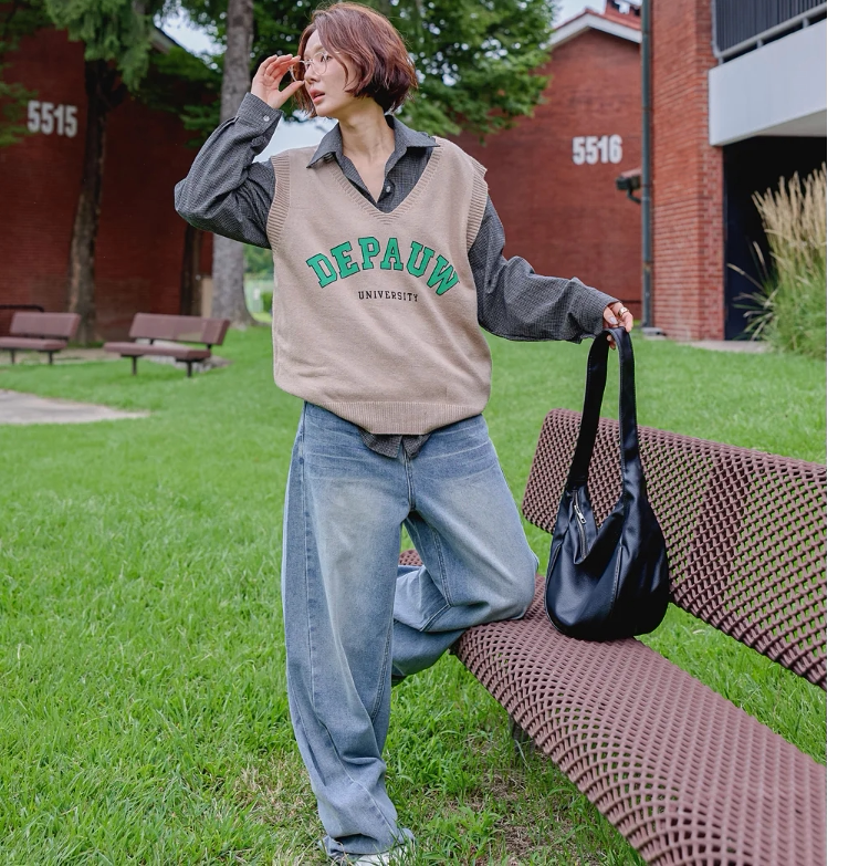 学院风马夹女 韩国代购2026秋新款活力青春风字母v领宽松针织背心