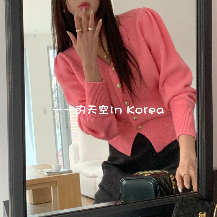 现 韩国代购2025春装新款甜美温柔淑女精致系扣泡泡长袖针织开衫
