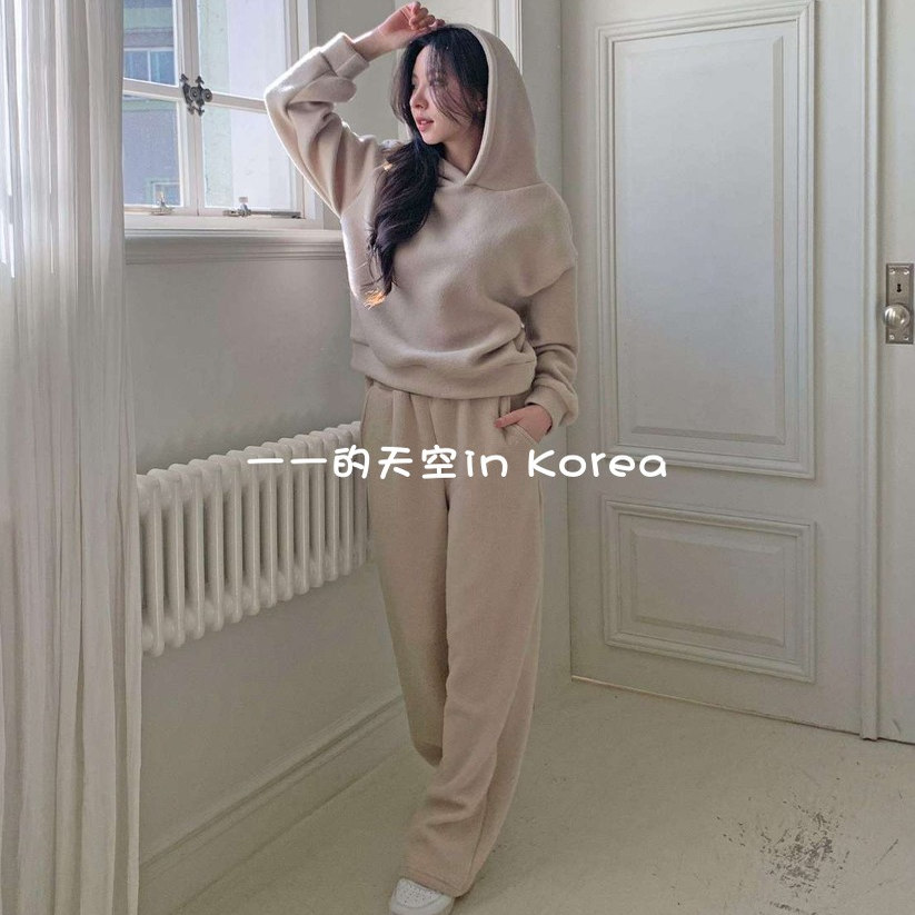 韩国代购套装2025秋冬新款简约百搭温暖舒适连帽衫加长裤两件套女