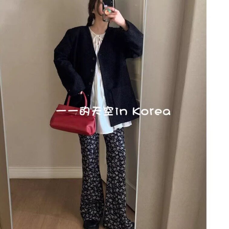 鬼马少女风裤子韩国代购正品2025春装新款修身弹力洋气蕾丝喇叭裤