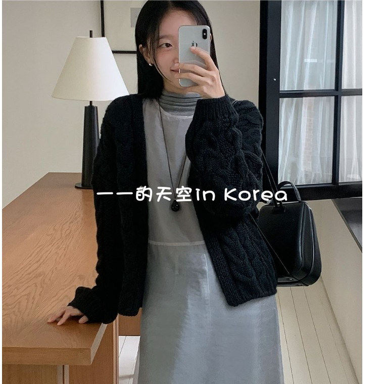 韩国代购开衫2025秋冬季女装新款气质款经典麻花纹宽松v领针织衫