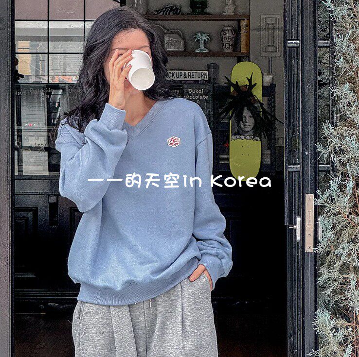 大码女装卫衣韩国代购正品2025秋季新款宽松简约v领刺绣字母上衣
