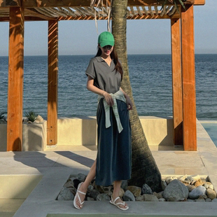 侧开叉宽松显瘦短袖 经典 2025夏新款 正品 连衣裙 polo领裙子韩国代购