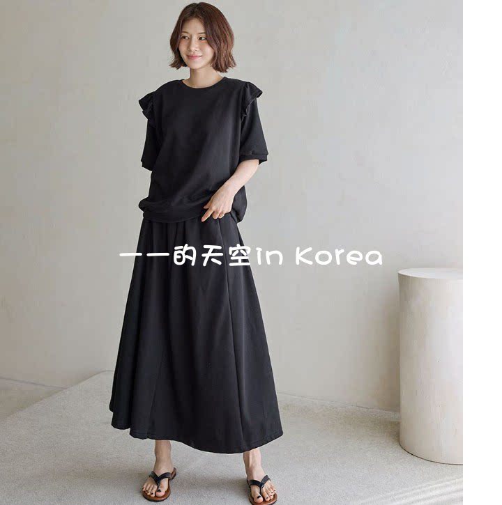 韩国代购套装女2026春夏新款可爱荷叶边短袖t恤加半身长裙两件套