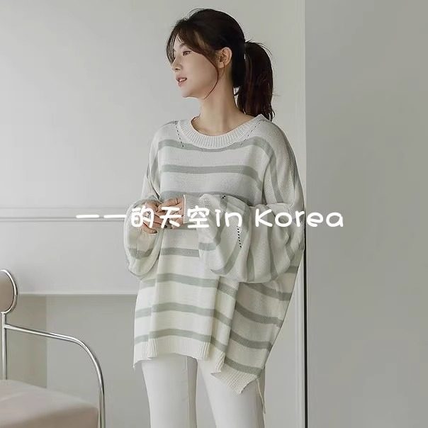 慵懒宽松条纹衫2025春季女装新款休闲随性百搭大版显瘦长袖针织衫