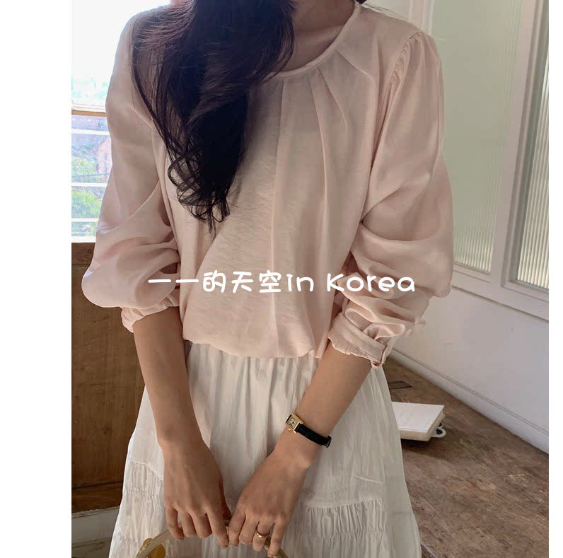 温柔褶皱上衣韩国代购正品2026春季女装新款优雅纯色泡泡长袖衬衫