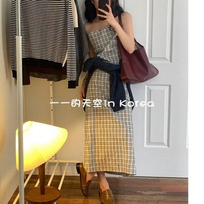 韩国代购套装2025秋季新款小清新初恋风经典格子小吊带加半身长裙