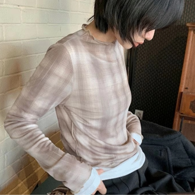 小众文艺打底衫韩国代购正品2024秋季女装薄款网纱半高领格纹T恤