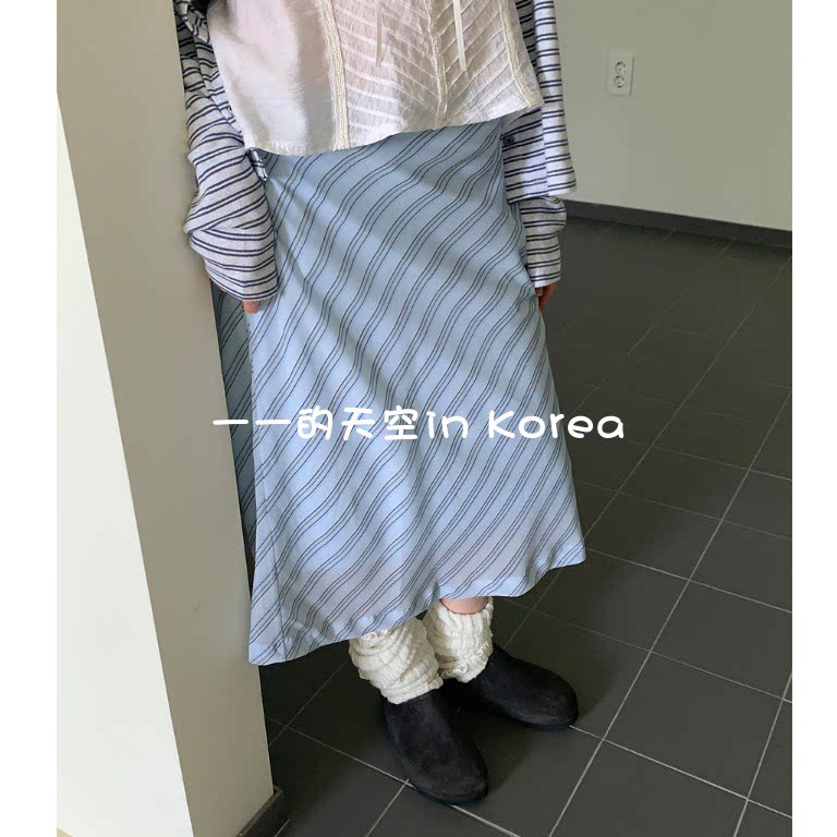 小清新条纹半裙韩国代购正品2026春季新款松紧腰清爽百搭半身中裙