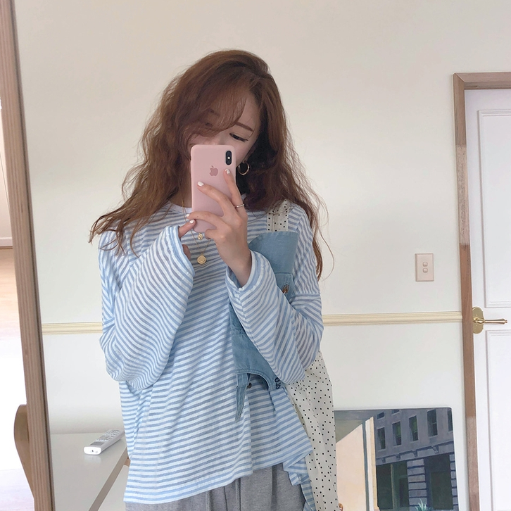 现货韩国货正品人气夏款小清新圆领上衣女条纹薄款防晒衫长袖T恤