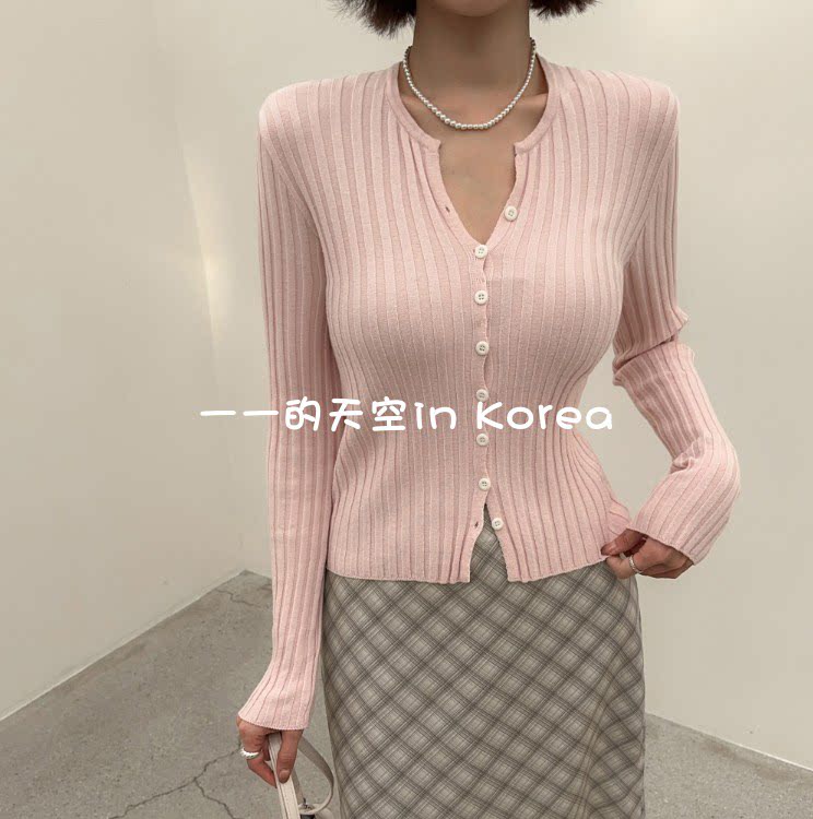 女人味针织衫 韩国代购东大门2026春季女装新款修身系扣螺纹开衫