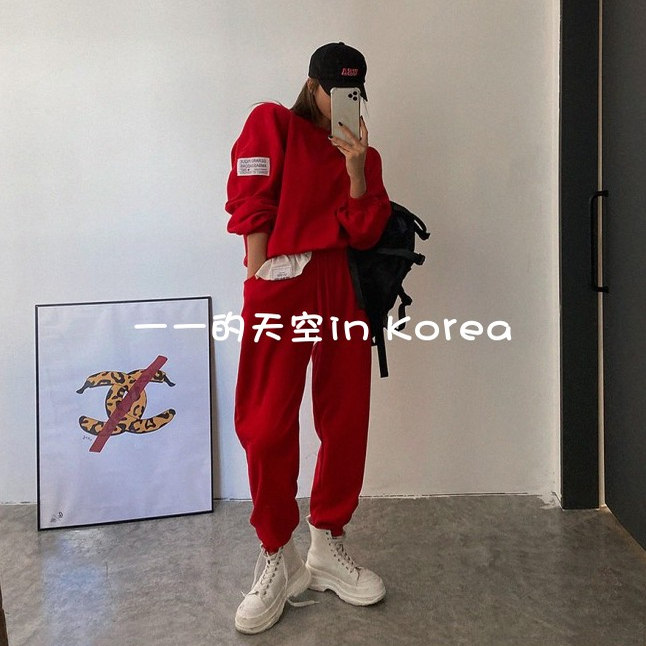 现时尚套装女韩国订购2025春秋款吸睛潮范儿红色长袖卫衣加长裤
