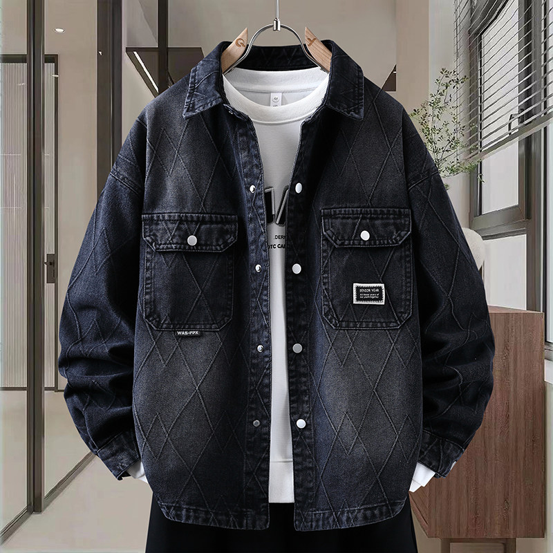 美式复古青年牛仔外套男春秋季宽松翻领夹克潮流痞帅港风时尚外套