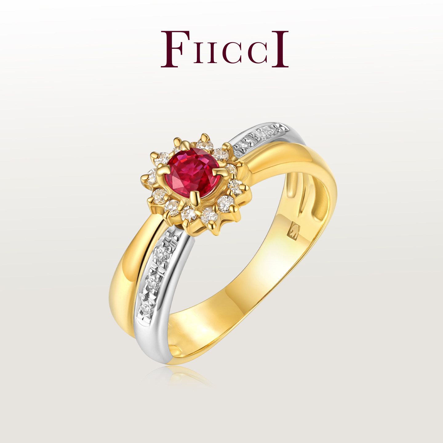 FIICCI菲伊奇 天然红宝石18K黄金铂金钻石戒指双色金交叉双戒臂