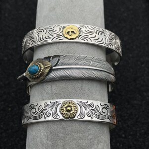 思涵银工坊高桥风格复古个性925银松石羽毛蔷薇花飞鸟唐草纹手镯