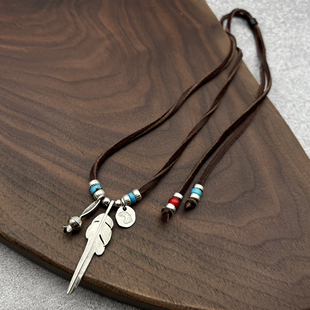 思涵银工坊LarrySmith925纯银石榴花风切羽鹿皮绳男女款日潮项链