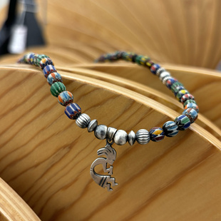 思涵银工坊原创小众纳瓦霍风925纯银做旧印第安人吊坠琉璃珠项链