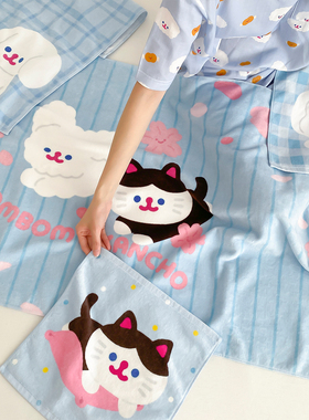 富山商店 x RiCO联名 樱花小猫小狗蓝色可爱印花全棉毛巾浴巾方巾
