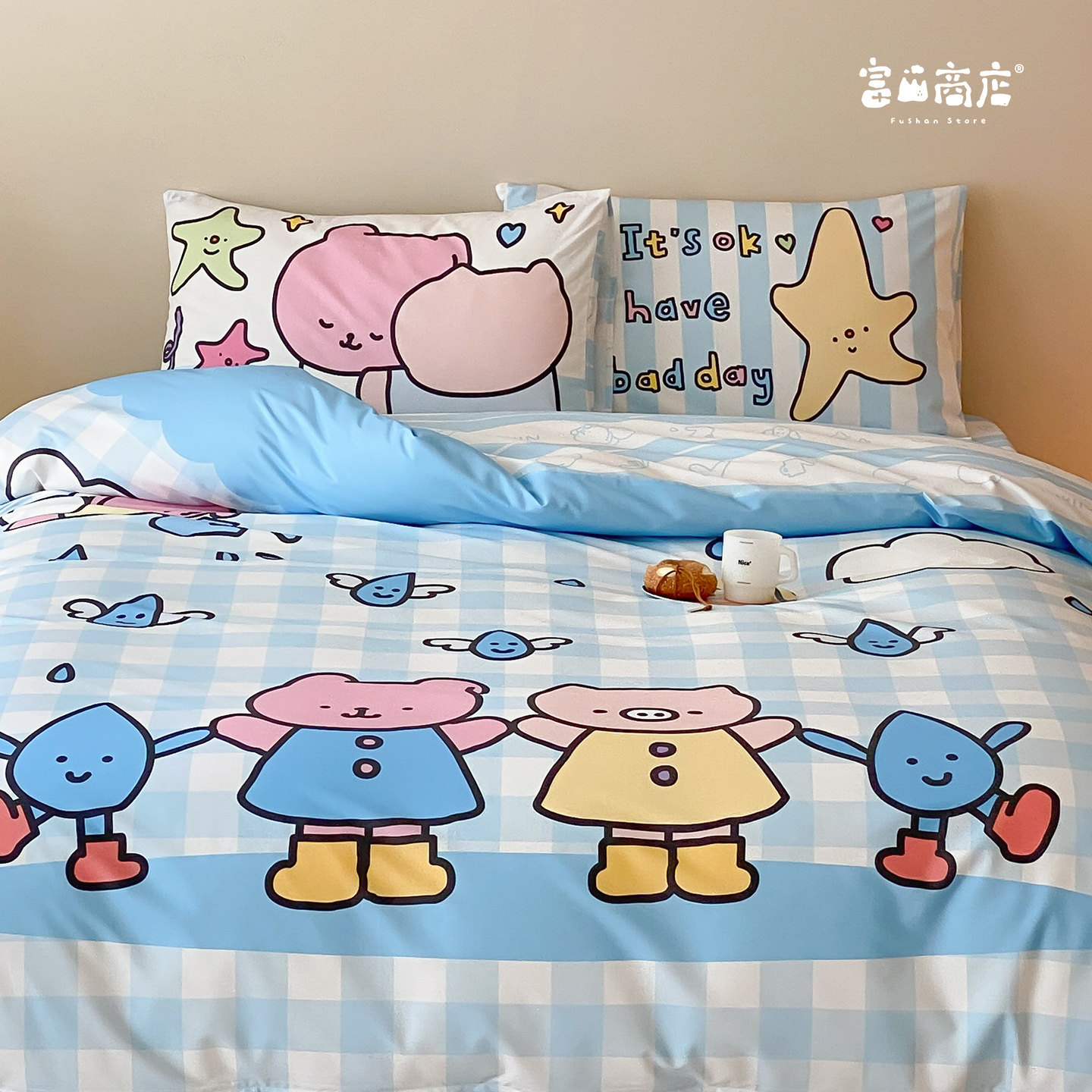 富山商店 x 拟泥nini  蓝色格纹小雨滴100%棉可爱漫画床上四件套
