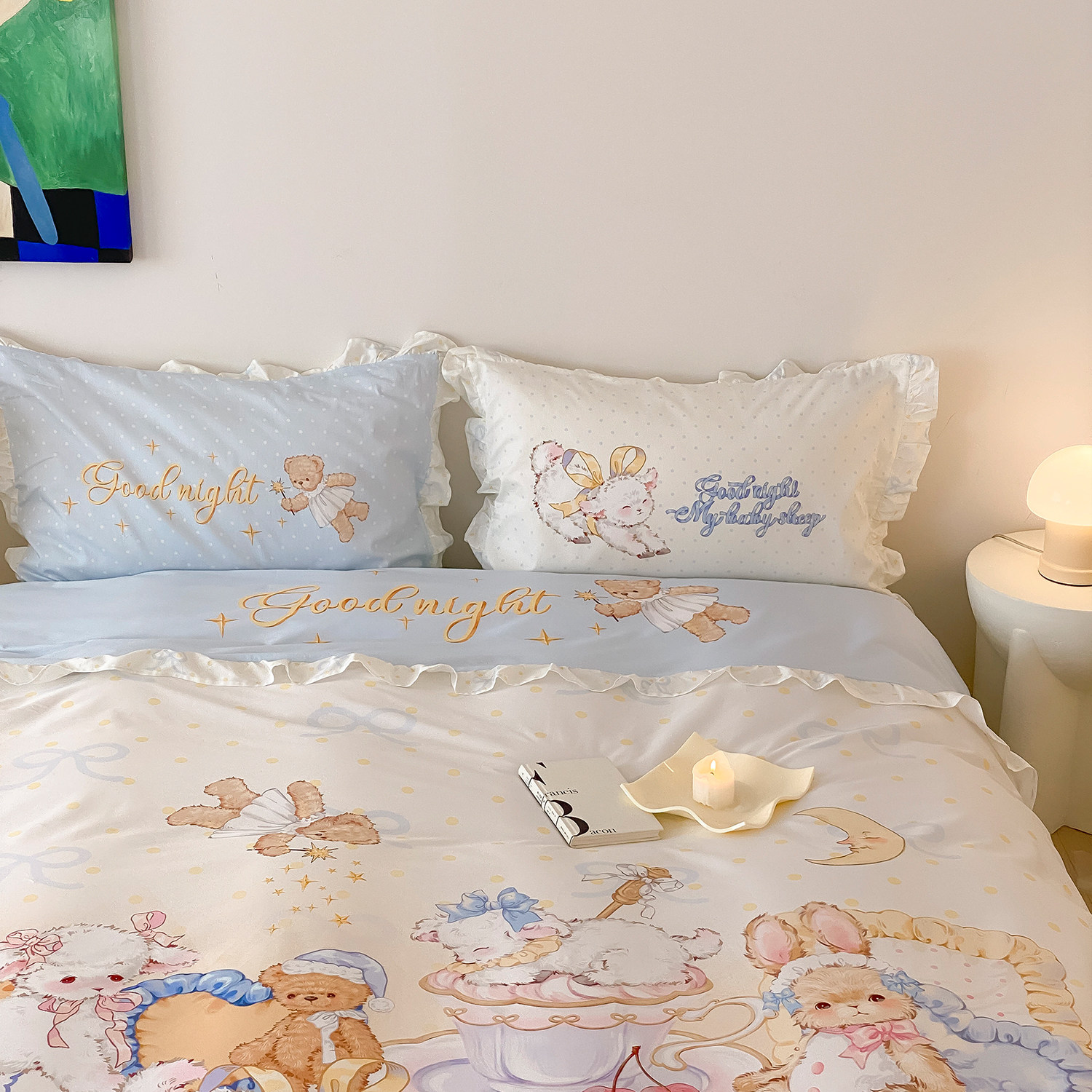 富山商店Lolita晚安熊系列100%棉花边四件套宿舍可爱少女床单